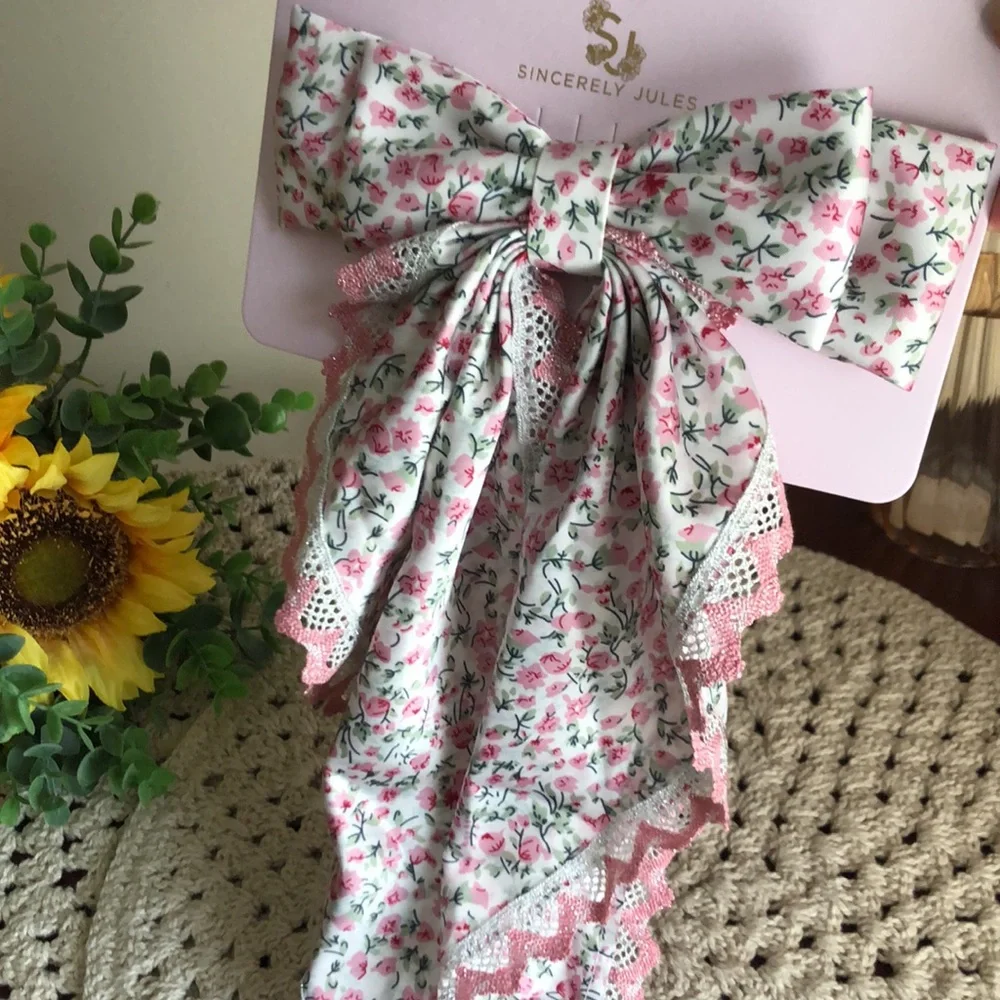 Sincerely Jules Large Floral Hair Bow with Pink Lace Trim